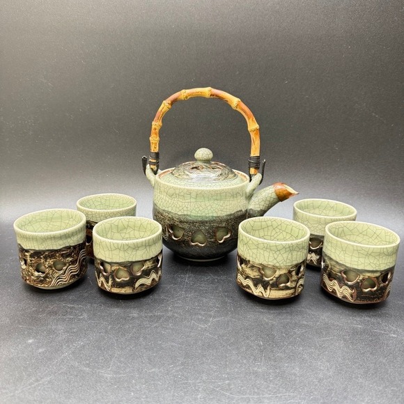 Other - VTG Otagiri SomaWare Somayaki MCM Japan Tea Pot Set Green 6 Cups Golden Horse